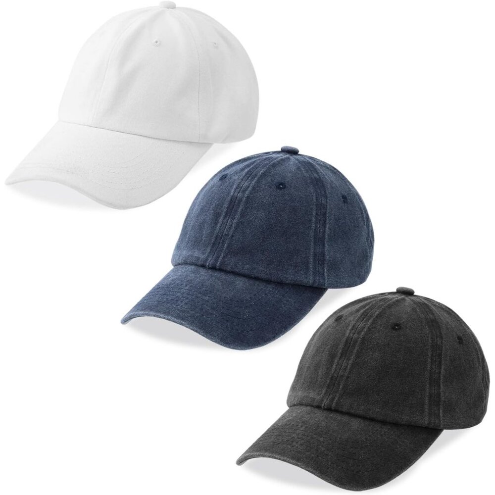 Men's Blue Gray White 3 Pack Plain Cotton Retro Adjustable Baseball Hat Cap